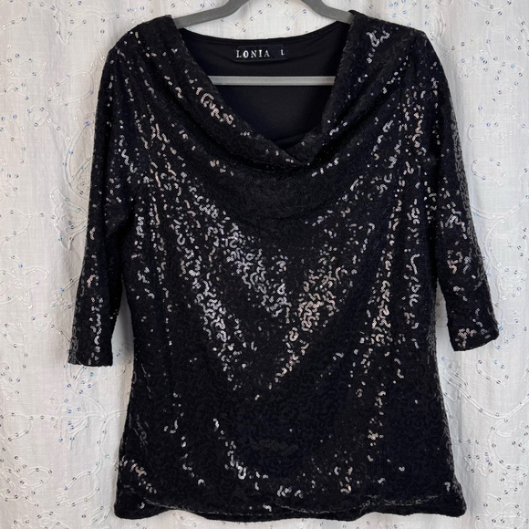 Lonia Black Sequin Cowl Neck Top – Party Ready, Size L - Picture 1 of 6